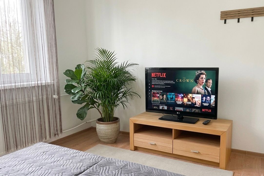 Spálňa s televízorom zobrazujúcim Netflix, drevenou skrinkou, rastlinou v kvetináči a závesmi pri okne.