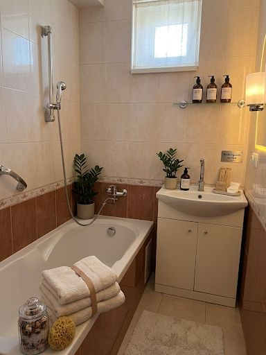 Moderná kúpeľňa so sprchovým kútom a toaletou, čistý a presvetlený priestor vo Villa Sobota.